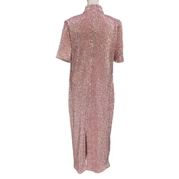 NWT Vineyard Vines Rose Gold Pink Sequin Midi Stretch Sparkle Dress - Picture 2 of 8